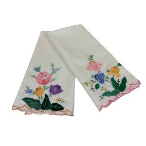 Vintage White Cloth Napkin Set Floral Applique Embroidery Scalloped Set Of 2